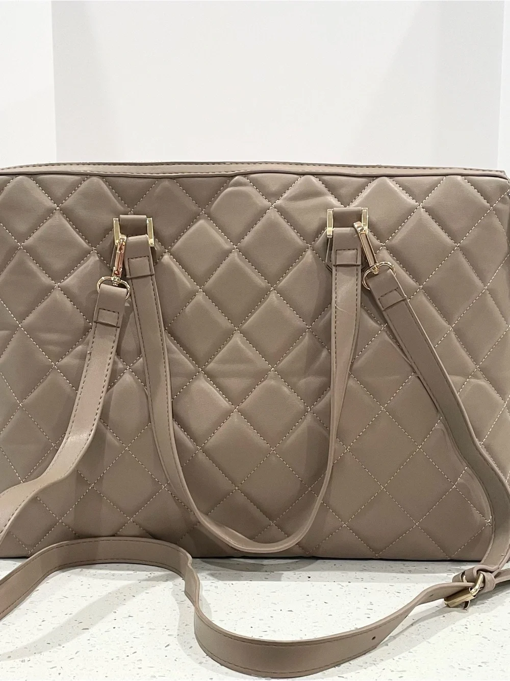 Badgley Mischka Quilted Taupe Tote with Gold Hardware